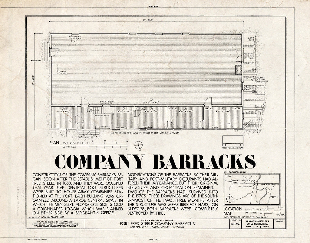 Blueprint Plan - Fort Fred Steele, Company Barracks, Fort Steele, Carbon County, WY