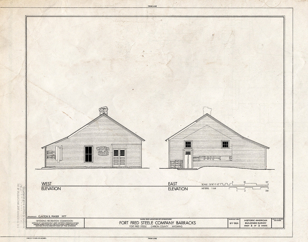 Blueprint West & East Elevation - Fort Fred Steele, Company Barracks, Fort Steele, Carbon County, WY