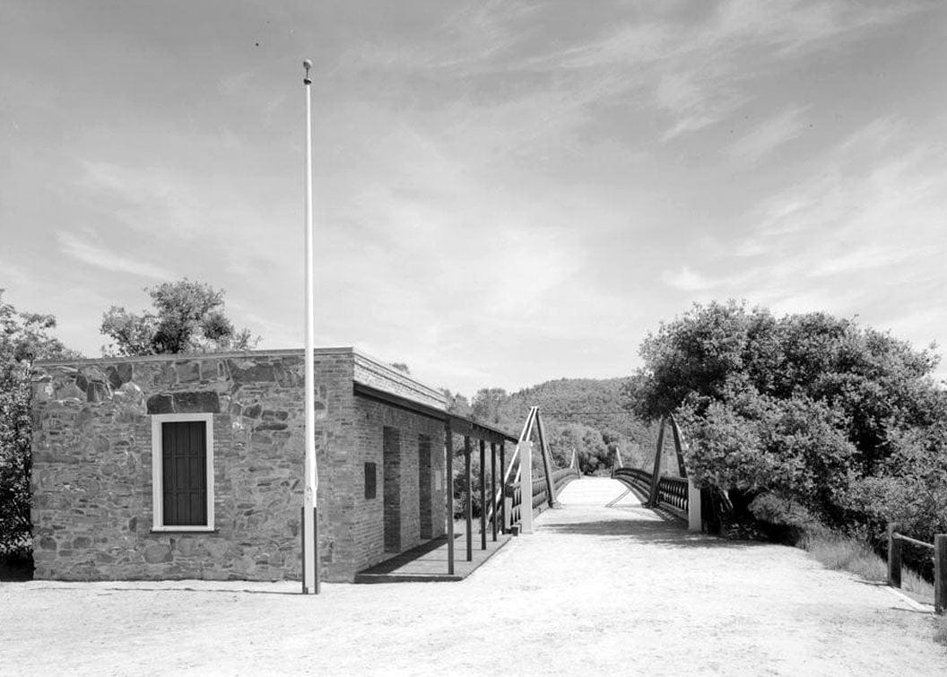 Historic Photo : Bidwell Bar Suspension Bridge & Stone Toll House, Near Lake Oroville (moved from fork of Feather River), Oroville, Butte County, CA 2 Photograph