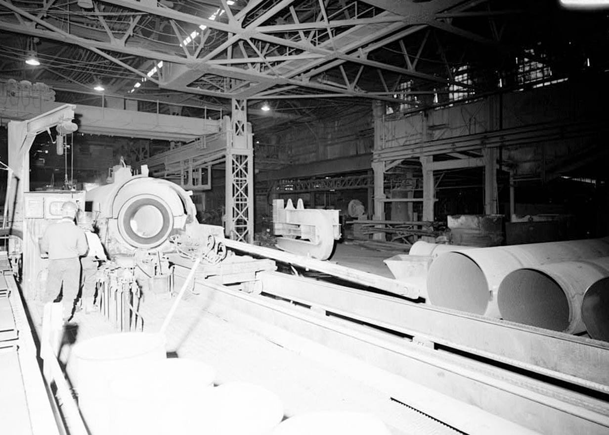 Historic Photo : United States Pipe & Foundry Company Plant, Pipe Casting & Testing Area, 2023 St. Louis Avenue at I-20/59, Bessemer, Jefferson County, AL 1 Photograph