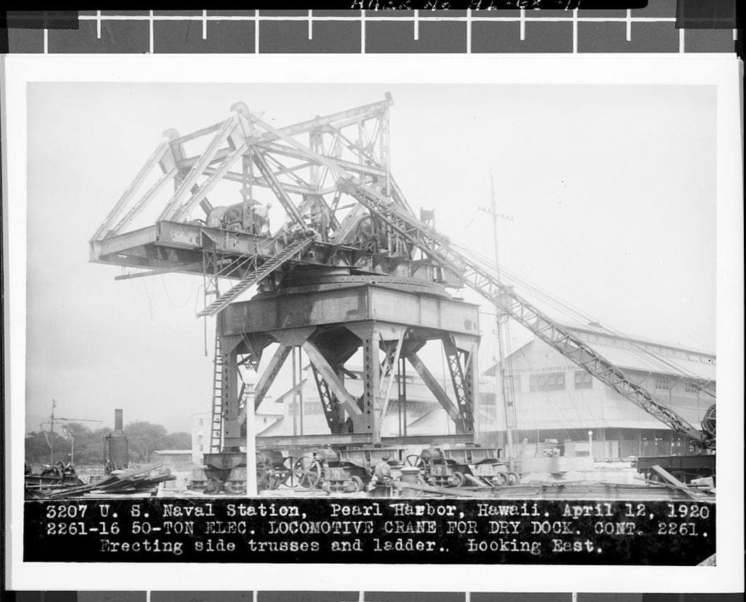 Historic Photo : U.S. Naval Base, Pearl Harbor, Exterior Cranes, Waterfront Crane Track System, Pearl City, Honolulu County, HI 1 Photograph