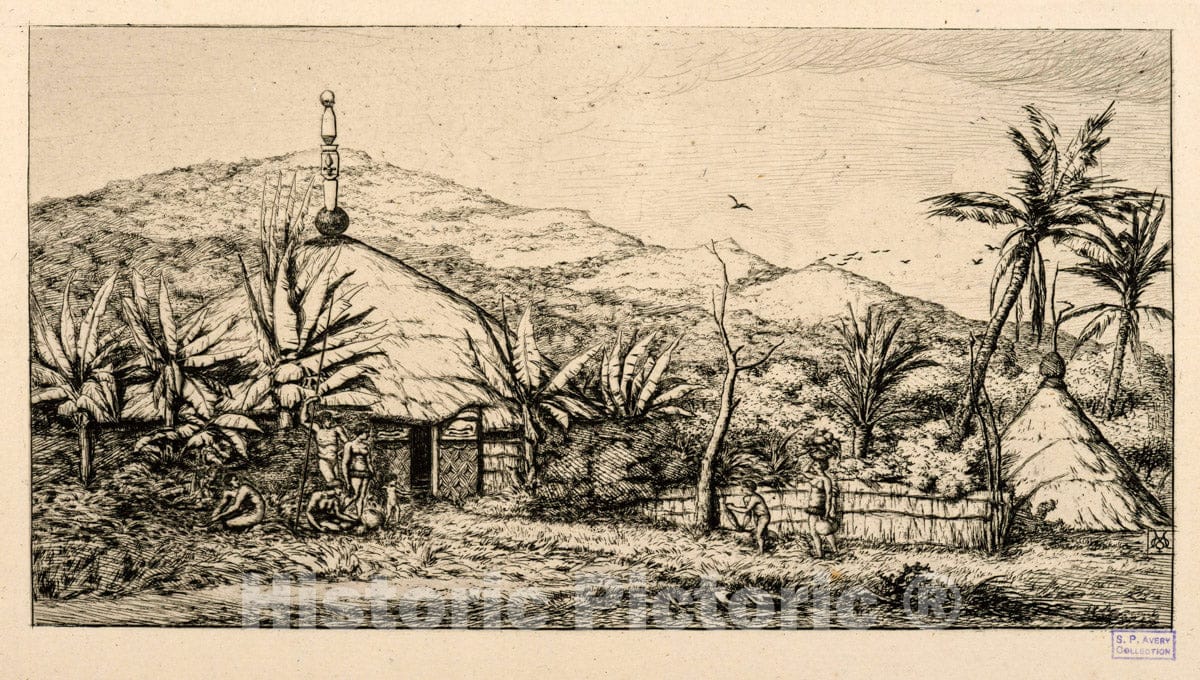 Art Print : 1863, Nouvelle Caledonie : Grande case Indigene sur le chemin de Ballade A Poepo. - Vintage Wall Art
