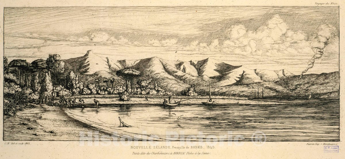 Art Print : 1863, Presqu'ile de Banks, Pointe dite des Charbonniers, A Akaroa, pAche A la Seine. - Vintage Wall Art