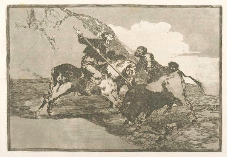 Art Print : 1816, Modo con que Los antiguos espanoles cazaban Los toros A Caballo en el Campo. - Vintage Wall Art