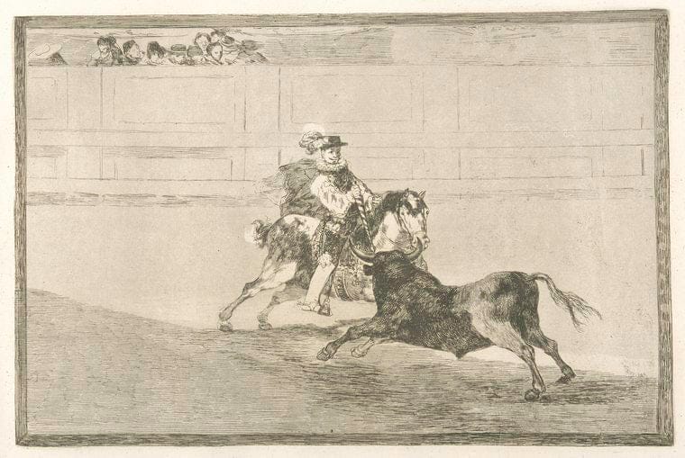 Art Print : 1816, Un Caballero Espanol en Plaza quebrando rejoncillos sin auxilio de Los chulos. - Vintage Wall Art