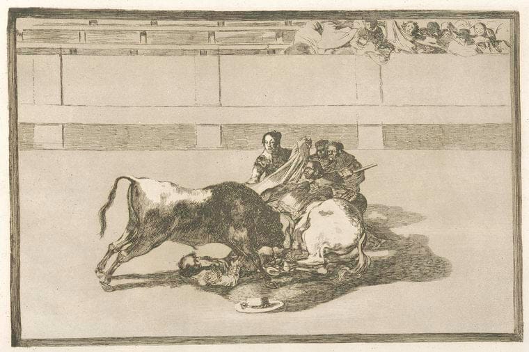 Art Print : 1816, Caida de un Picador de su Caballo debajo del Toro. - Vintage Wall Art