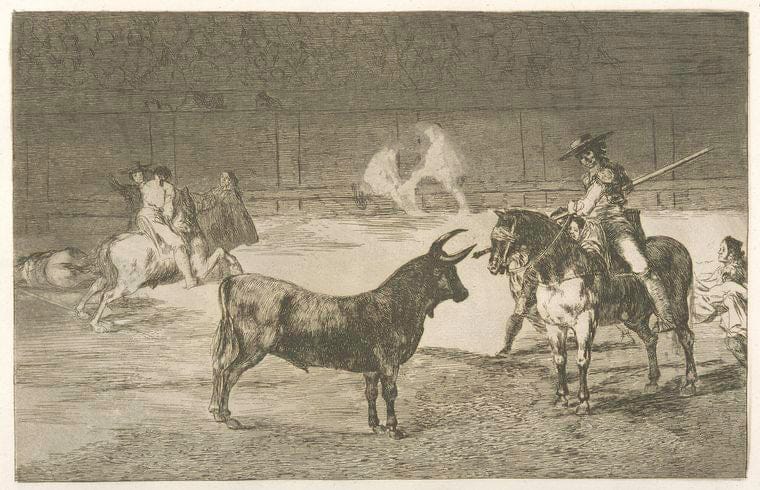 Art Print : 1816, El celebre Fernando del Toro, barilarguero, obligando A la Fiera con su garrocha. - Vintage Wall Art