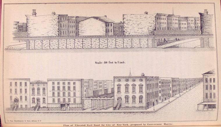 Art Print : 1867, Plan of Elevated Rail Road for City of New York, Proposed by Gouverneur Morris. - Vintage Wall Art