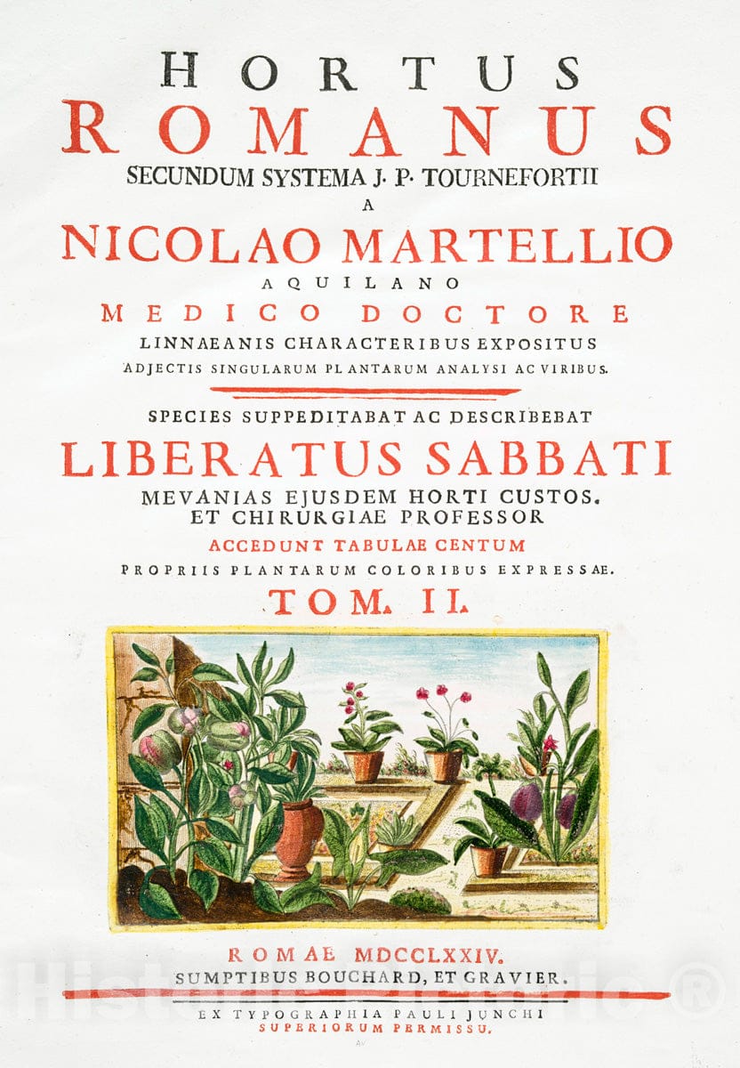 Art Print : 1772, Hortus Romanus juxta Systems Tournefortianum Paulo [engrd. Title Page, V. 2] - Vintage Wall Art