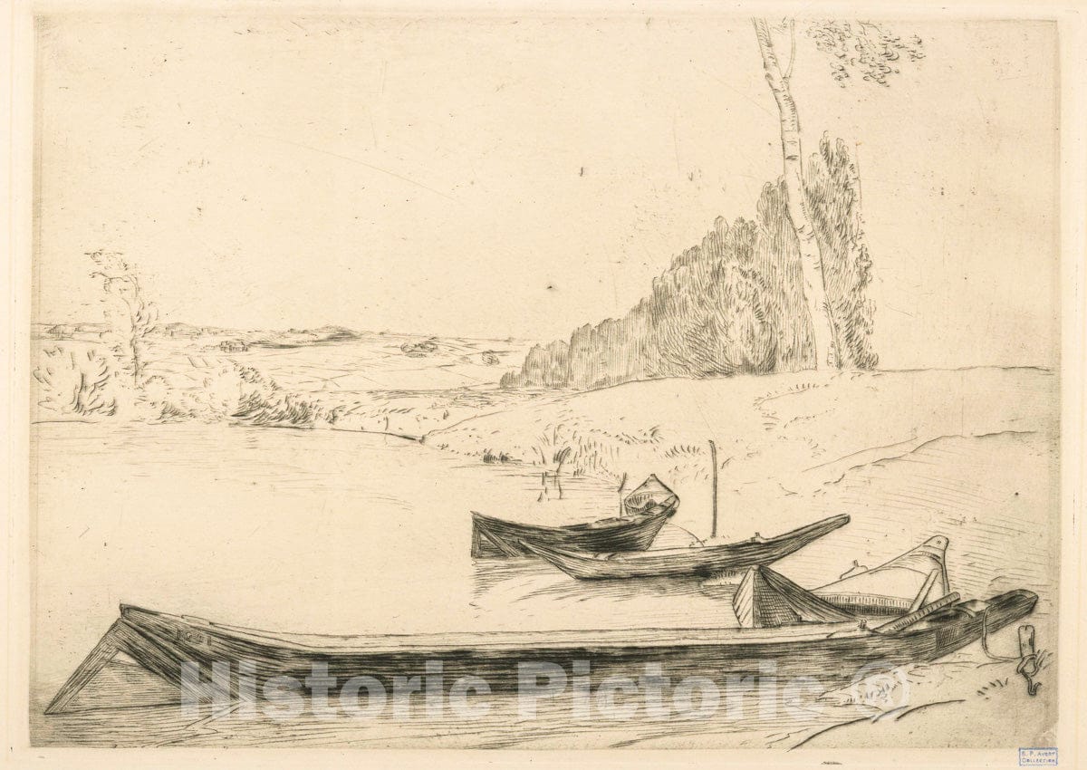 Art Print : c.1858 , [Bachots au Bord de la Seine.] - Vintage Wall Art