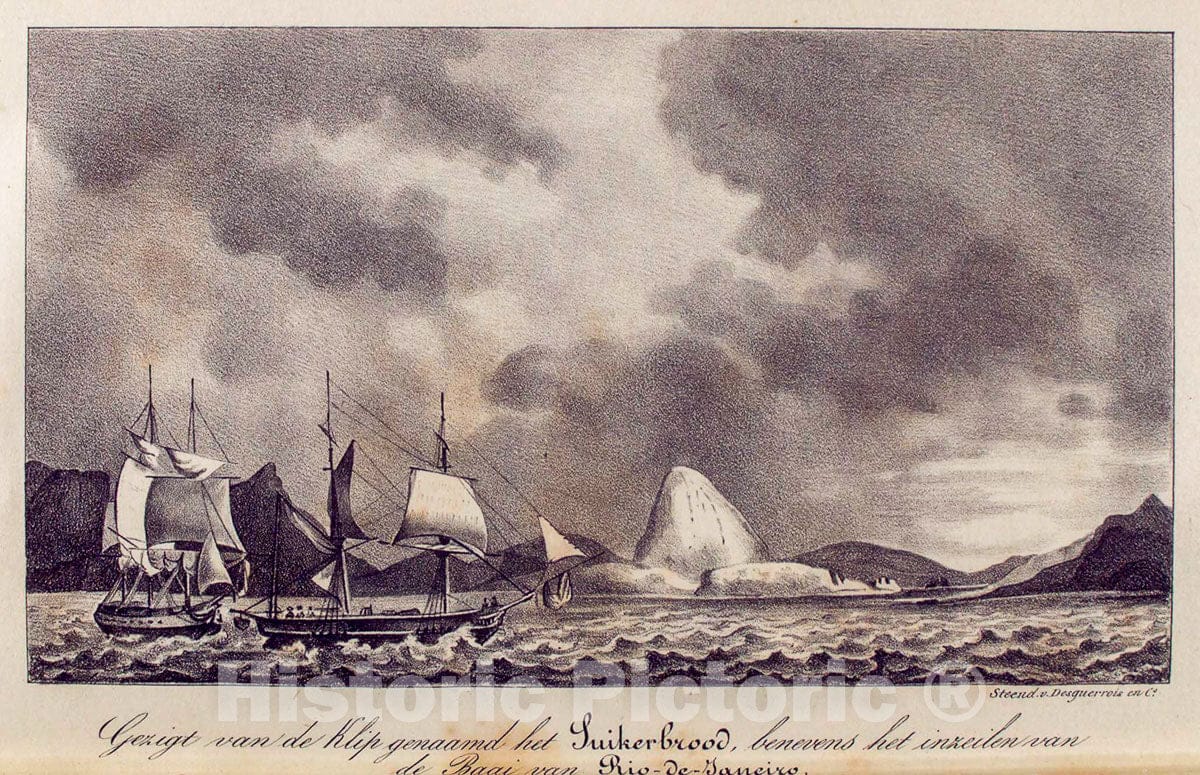 Art Print : 1835, Gezigt Van de Klip genaamd het Suikerbrood benevens het inzeilen Van de Baai Van Rio-de-Janerio. - Vintage Wall Art