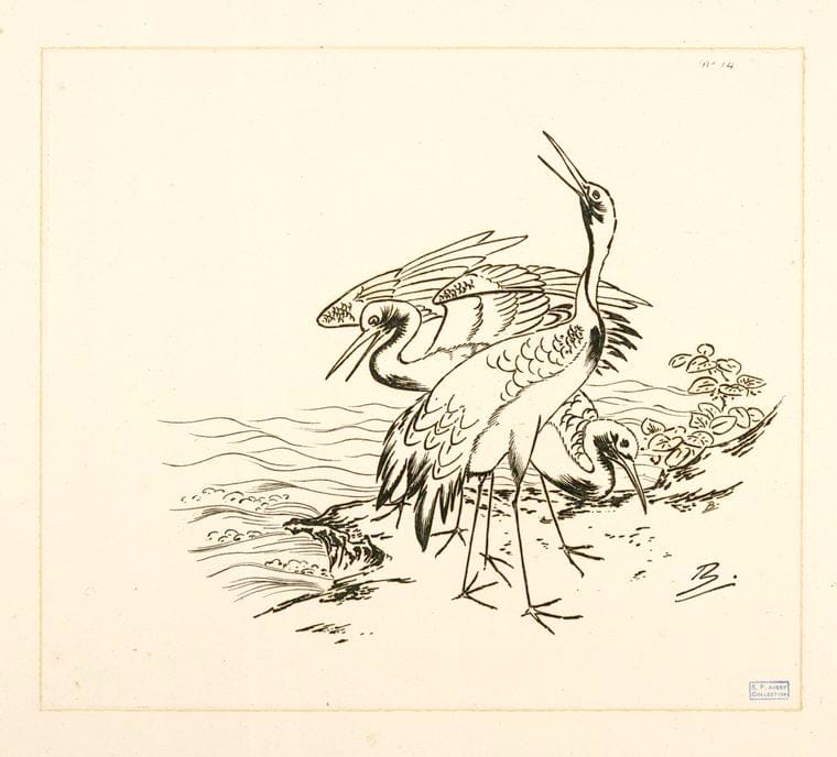 Art Print : 1866, [Trois grues au Bord de la mer.] - Vintage Wall Art