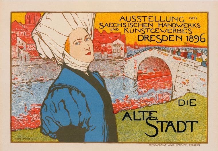 Art Print : Affiche Allemande Pour l'Exposition saxonne commerciale et artistique de Dresde en 1896, la Vielle Ville', 1897 - Vintage Wall Art