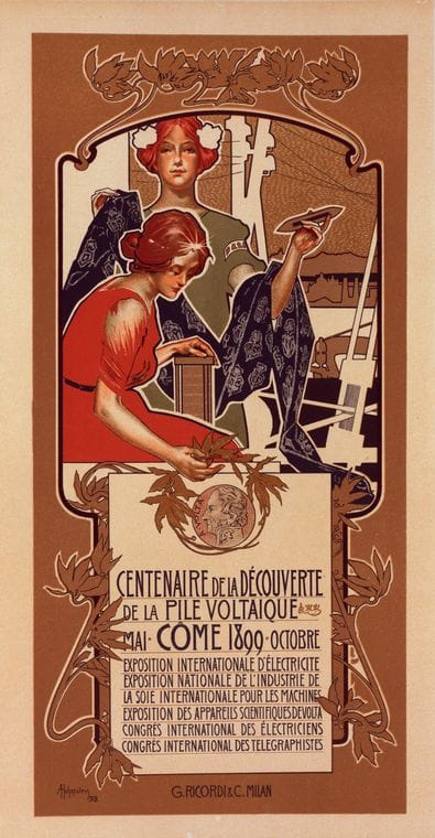 Art Print : Affiche italienne Pour le 'Centenaire de la Decouverte de la Pile Voltaique', 1899 - Vintage Wall Art