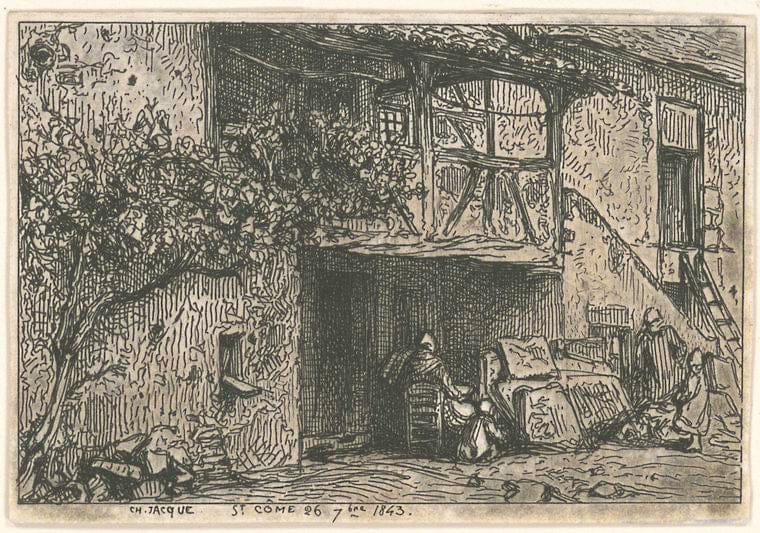 Art Print : 1843, Escalier Devant une Maison. - Vintage Wall Art