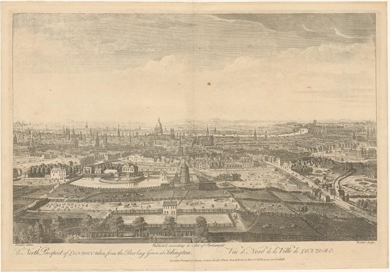 Art Print : 1750, The North Prospect of London Taken from The Bowling Green at Islington. - Vintage Wall Art