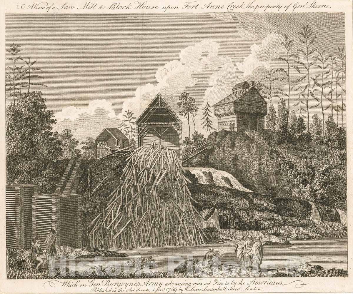 Art Print : 1789, A View of a Saw Mill and Block House Upon Fort Anne Creek - Vintage Wall Art