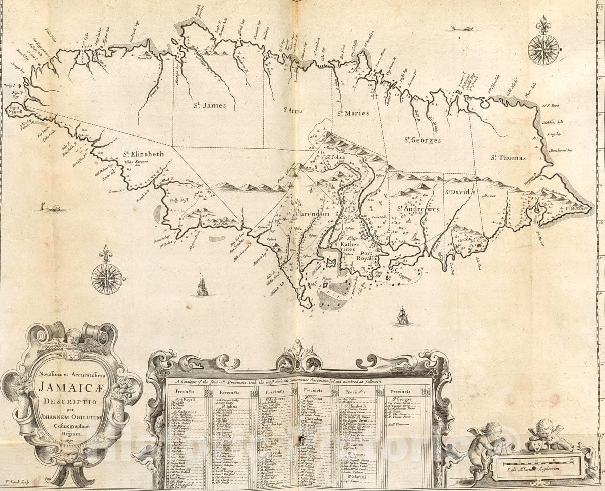 Art Print : 1671, Novissima et Accuratissima Jamaicae Descriptio per Johannem Ogiluium Cosmographum Regium 1671 - Vintage Wall Art