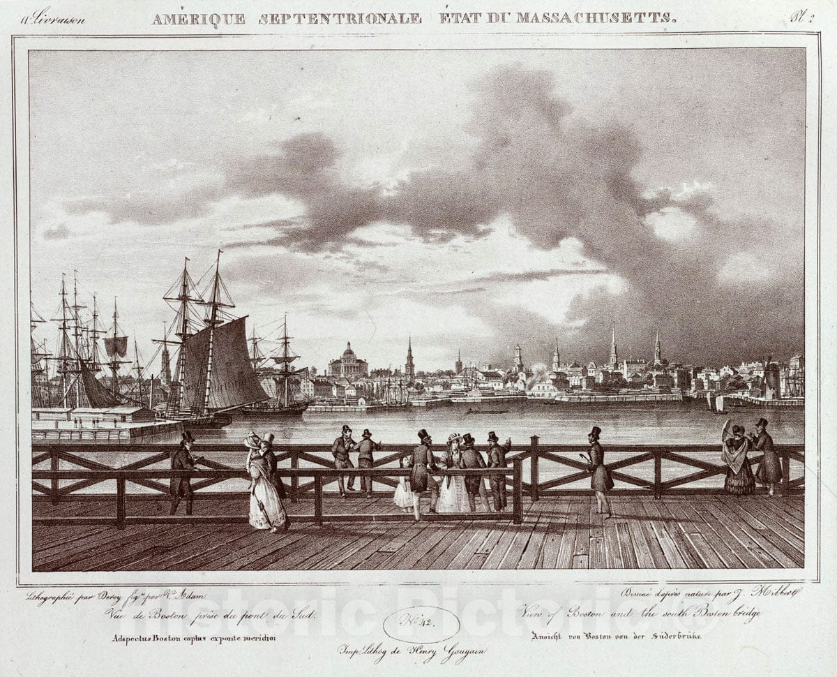 Art Print : 1828, View of Boston and The South Boston Bridge. - Vintage Wall Art