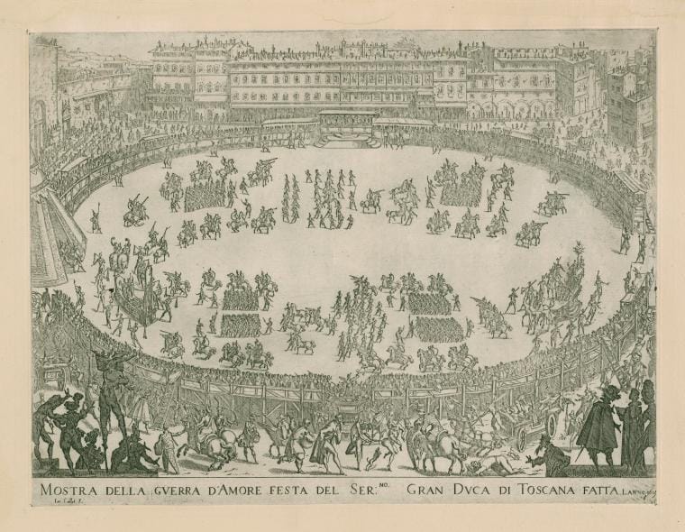Art Print : Mostra Della Gverra D'Amore, Festa del Ser:mo Gran Dvca di Toscana fatta l'anno 1615. Iac. Callot f, 1615 - Vintage Wall Art