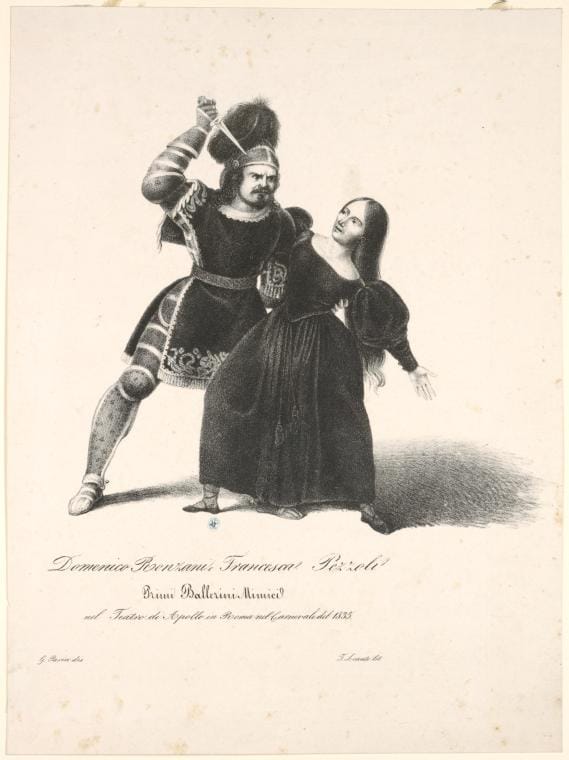 Art Print : Domenico Ronzani e Francesca Pezzoli, primi Ballerini mimici, nel Teatro di Apollo in Roma nel carnevale del 1835, 1835 - Vintage Wall Art