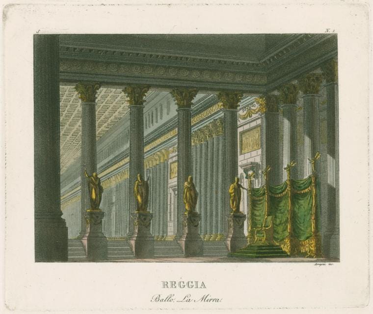 Art Print : Reggia. Ballo, La Mirra. Arrigoni inc. [After a Set Design by Sanquirico], 1817 - Vintage Wall Art V1