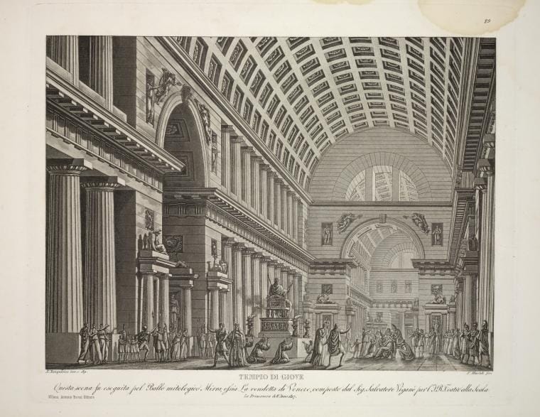 Art Print : Tempio di Giove. Questa Scena fu eseguita pel ballo mitologico Mirra, 1817. A. Sanquirico inv. e dip. F. Albertol[l] i fece, 1817 - Vintage Wall Art