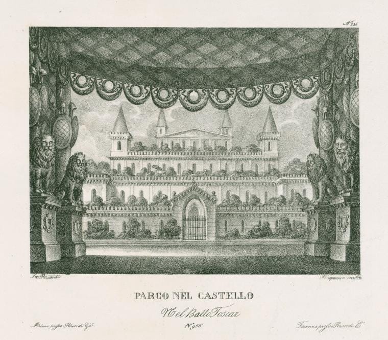 Art Print : Parco nel Castello nel ballo Toscar. Lit. Ricordi. Sanquirico inv, 1831 - Vintage Wall Art