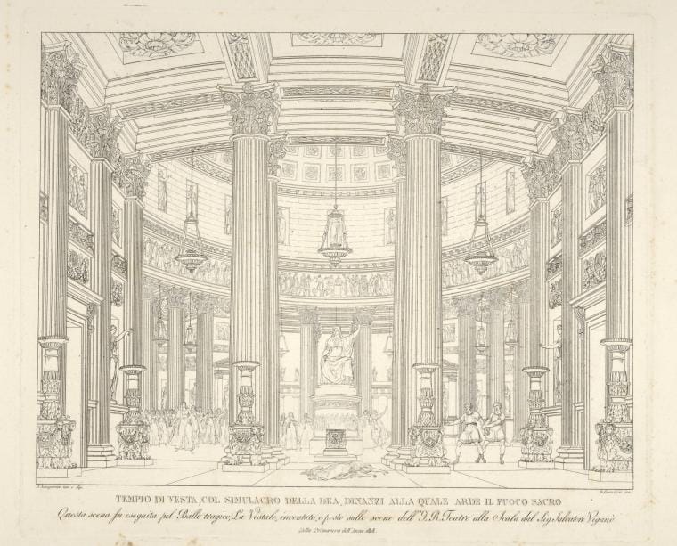 Art Print : Tempio di Vesta; col simulcro Della DEA, dinanzi alla Quale arde il Fuoco Sacro. Q R. Teatro alla Scala dal Sig. Nella Primavera dell'anno 1818. - Vintage Wall Art V1