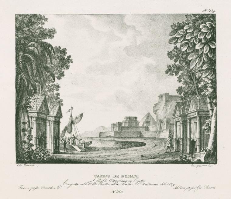 Art Print : Campo de Romani nel ballo Ottaviano in Egitto. Eseguita Nell I. R. Teatro alla Scala l'autunno del 1829. Lito. Ricordi. Sanquirico inv, 1829 - Vintage Wall Art
