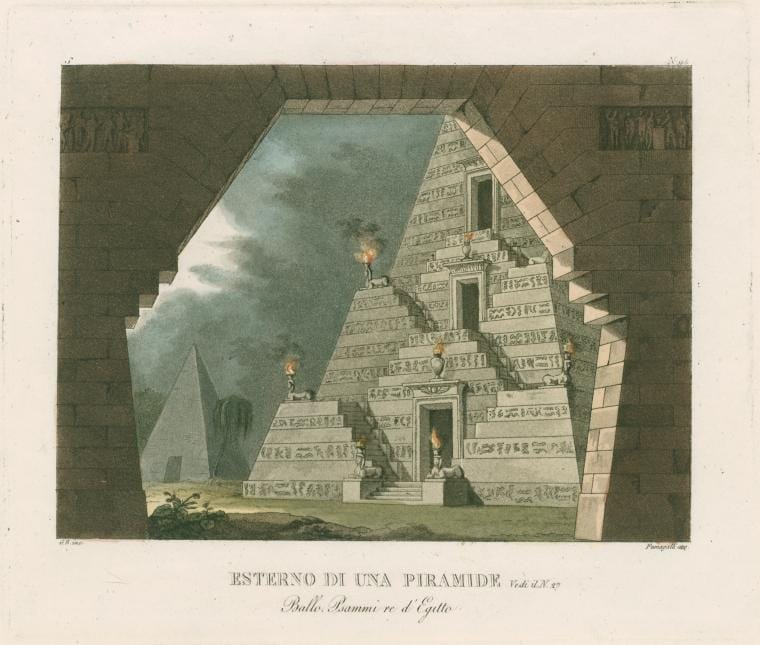 Art Print : Esterno di UNA piramide. Vedi il N. 27. Ballo, Psammi re d'Egitto. G. B. inc. Fumagalli acq. [After a Set Design by Sanquirico], 1817 - Vintage Wall Art