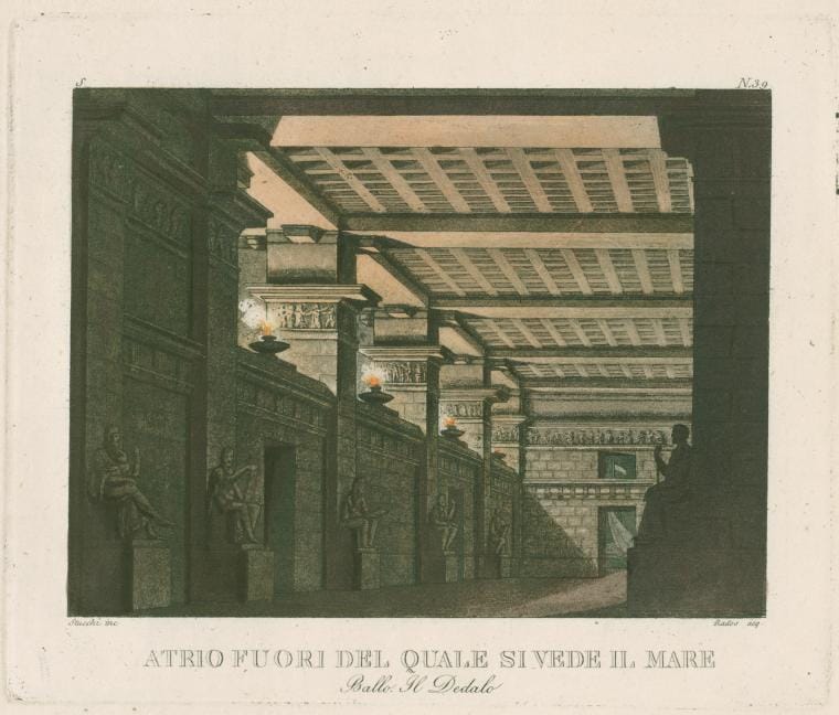 Art Print : Atrio fuori del Quale si vedi il mare. Ballo, Il Dedalo. Stucchi inc. Rados acq. [After a Set Design by Sanquirico], 1818 - Vintage Wall Art
