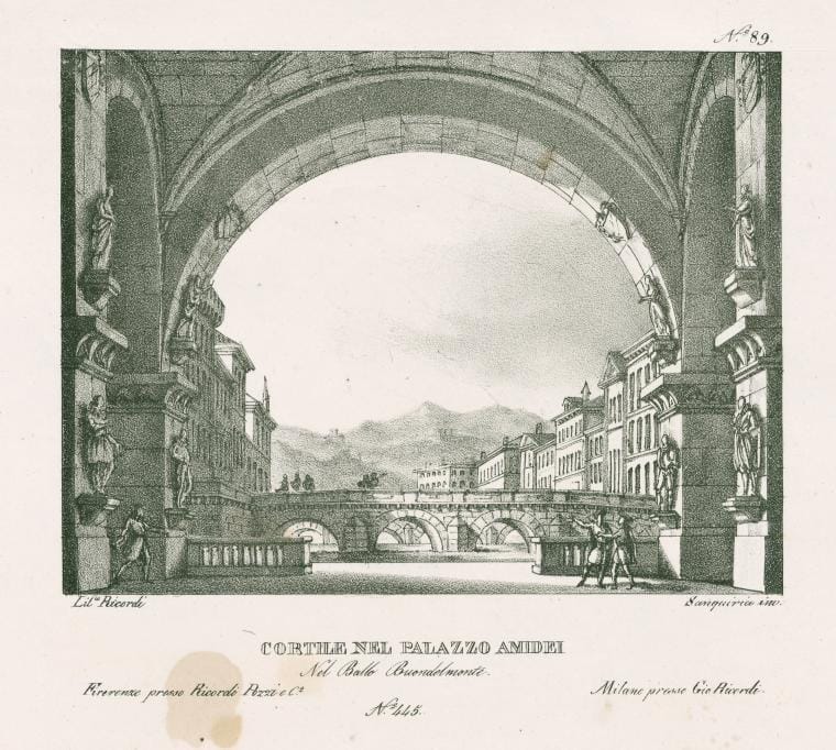 Art Print : Cortile nel Palazzo Amidei nel ballo Buondelmonte. Lit. Ricordi. Sanquirico inv, 1829 - Vintage Wall Art