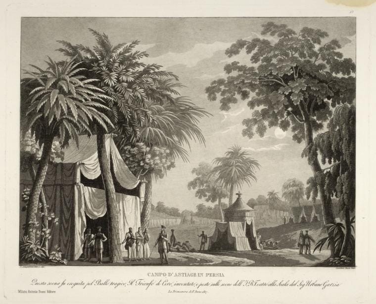 Art Print : Campo d'Astiage in Persia. Questa Scena fu eseguita pel ballo tragico, La Primavera dell'anno 1817. Carolina Lose inc, 1817 - Vintage Wall Art