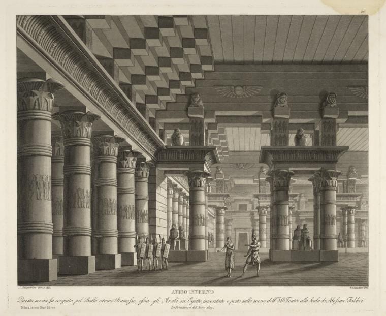 Art Print : Atrio interno. Questa Scena fu eseguita pel ballo eroico Ramesse, ossia GLI Arabi in Egitto 1819. A. Sanquirico inv. e dip. G. Castellini 1819 - Vintage Wall Art V2