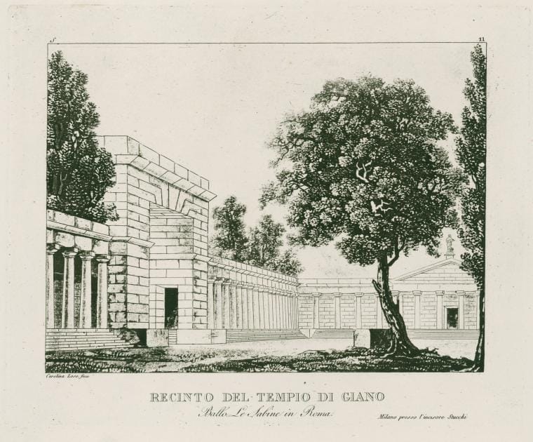 Art Print : Recinto del tempio di Giano. Ballo, Le Sabine in Roma. Carolina Lose fece [After a Set Design by Sanquirico], 1821 - Vintage Wall Art
