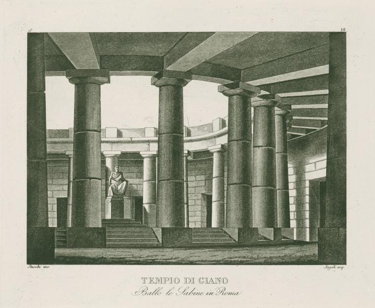 Art Print : Tempio di Giano. Ballo, Le Sabine in Roma. Stucchi inc. Angeli acq. [After a Set Design by Sanquirico], 1821 - Vintage Wall Art