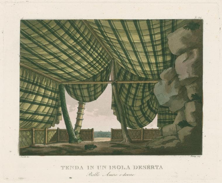 Art Print : Tenda in un isola deserta. Ballo Amore e dovere. Stucchi inc. Fumag [i.e. Fumagalli] acq. [After a Set Design by Sanquirico], 1819 - Vintage Wall Art