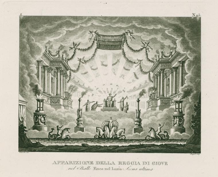 Art Print : Apparizione Della reggia di Giove nel ballo Enea nel Lazio, Scena Ultima. Stucchi inc. Angeli acq. [After a Set Design by Sanquirico], 1829 - Vintage Wall Art