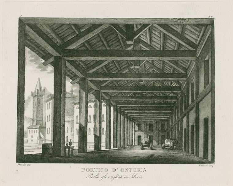 Art Print : Portico d'osteria, ballo GLI esigliati in Siberia. Stucchi inc. Raineri acq. [After a Set Design by Sanquirico], 1830 - Vintage Wall Art
