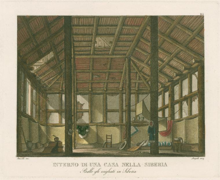Art Print : Interno di UNA casa Nella Siberia. Ballo GLI esigliati in Siberia. Stucchi inc. Angeli acq. [After a Set Design by Sanquirico], 1830 - Vintage Wall Art