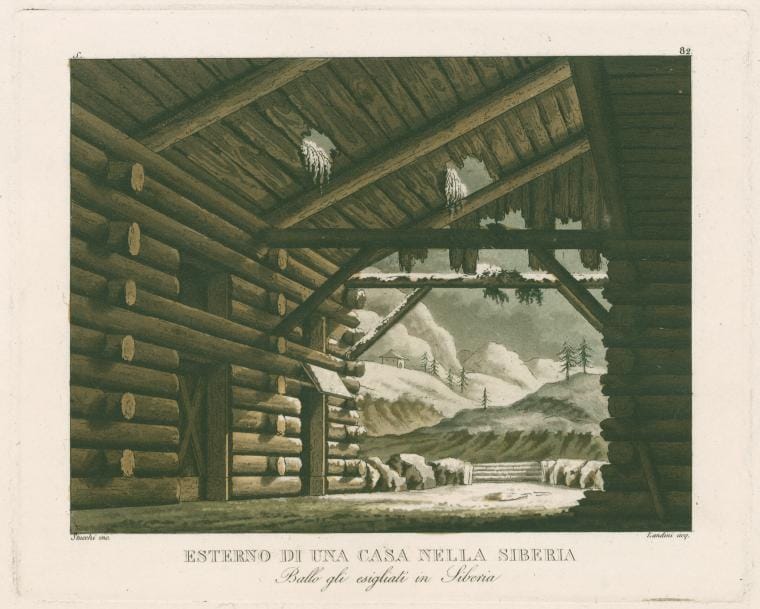 Art Print : Esterno di UNA casa Nella Siberia. Ballo GLI esigliati in Siberia. Stucchi inc. Landini acq. [After a Set Design by Sanquirico], 1830 - Vintage Wall Art