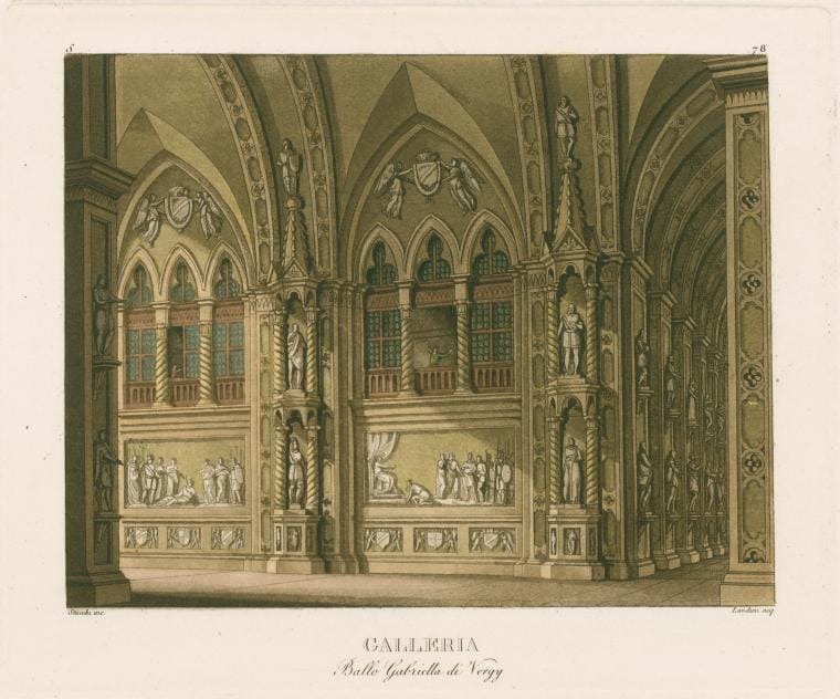 Art Print : Galleria, ballo Gabriella di Vergy. Stucchi inc. Landini acq. [After a Set Design by Sanquirico], 1821 - Vintage Wall Art