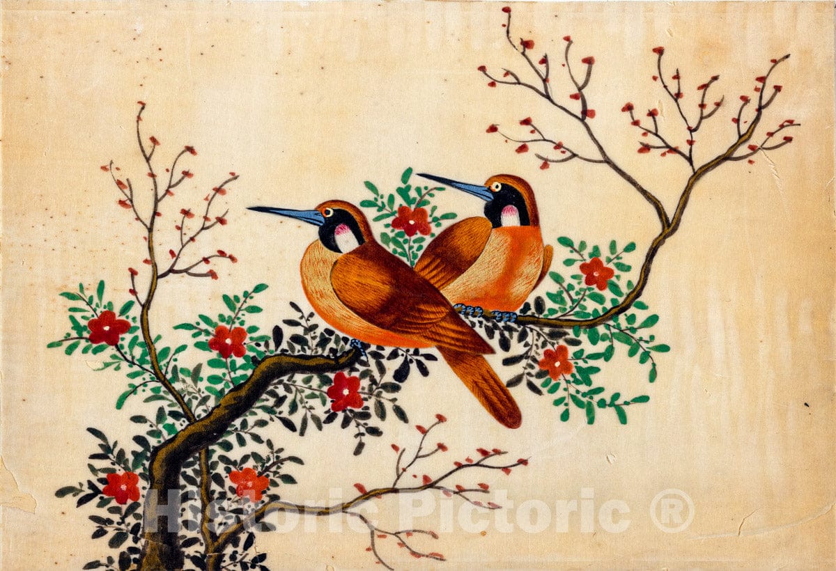Art Print : Two Birds on Flowering Tree Branch. - Vintage Wall Art