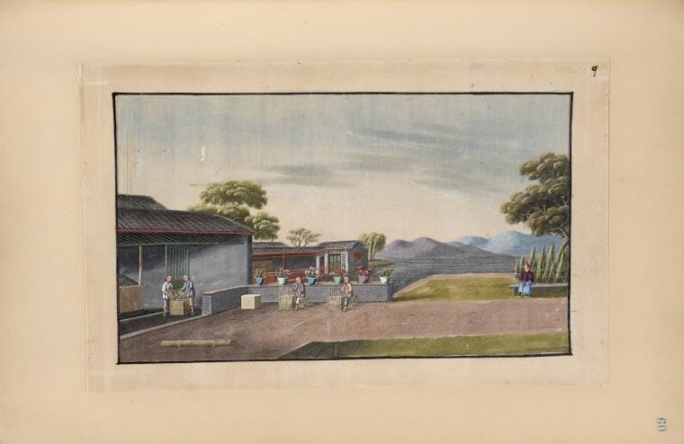 Art Print : 1850, People Making Large Woven Boxes, Mountains in Background. - Vintage Wall Art