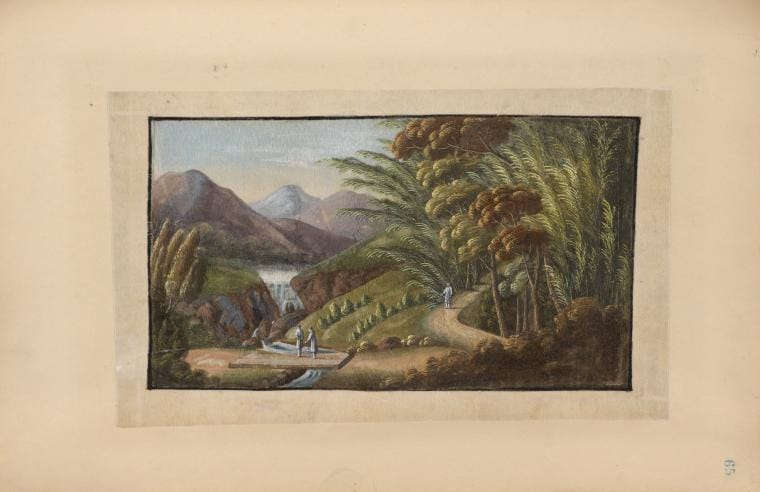 Art Print : 1850, Two People Crossing Plank Bridge Over Mountain Waterfall and Stream. - Vintage Wall Art