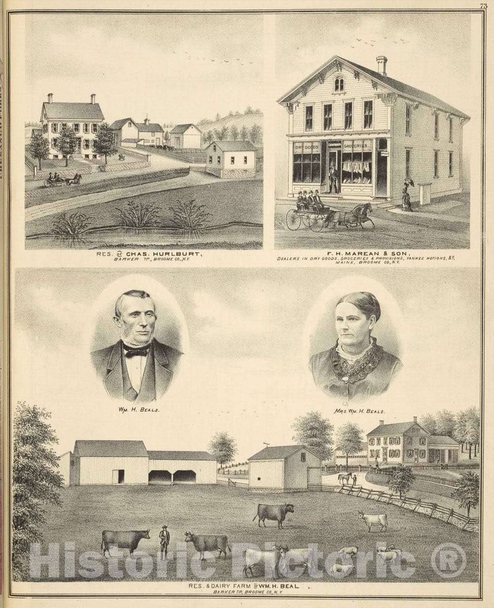 Art Print : 1876, Res. of Chas. Hurlburt, Barker TP, Broome Co, N.Y; F.H. Marean & Son, Dealers - Vintage Wall Art