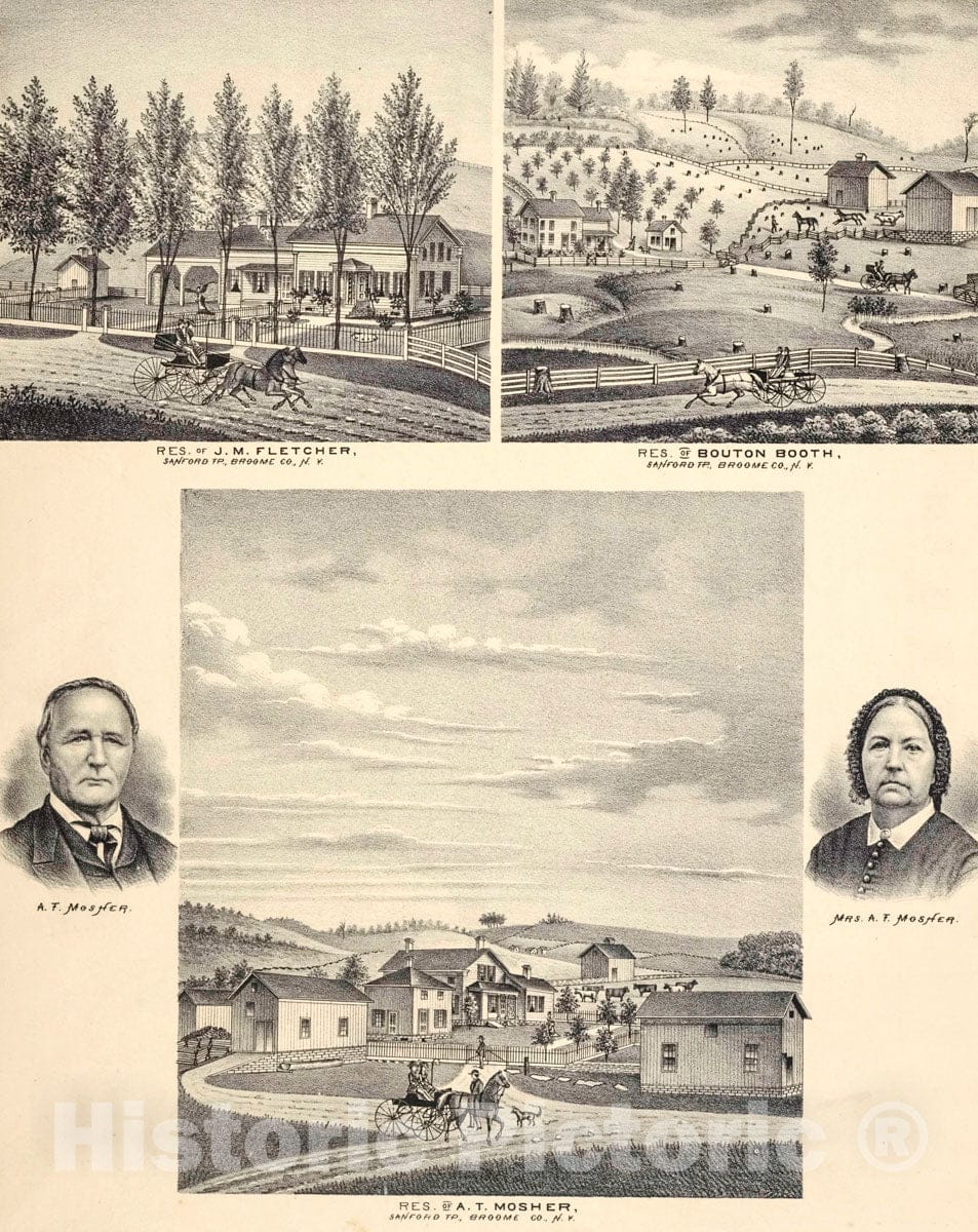 Art Print : 1876, Res. of J.M. Fletcher, Sanford TP, Broome Co, N.Y; Res. of Bouton Booth - Vintage Wall Art