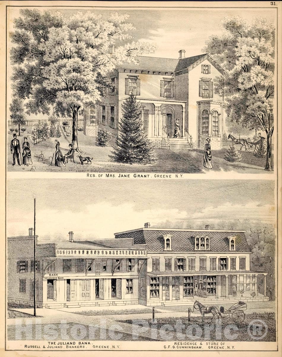 Art Print : 1875, Res. of Mrs. Jane Grant, Greene N.Y; The Juliano Bank. Russell & Juliano, Vintage Wall Art