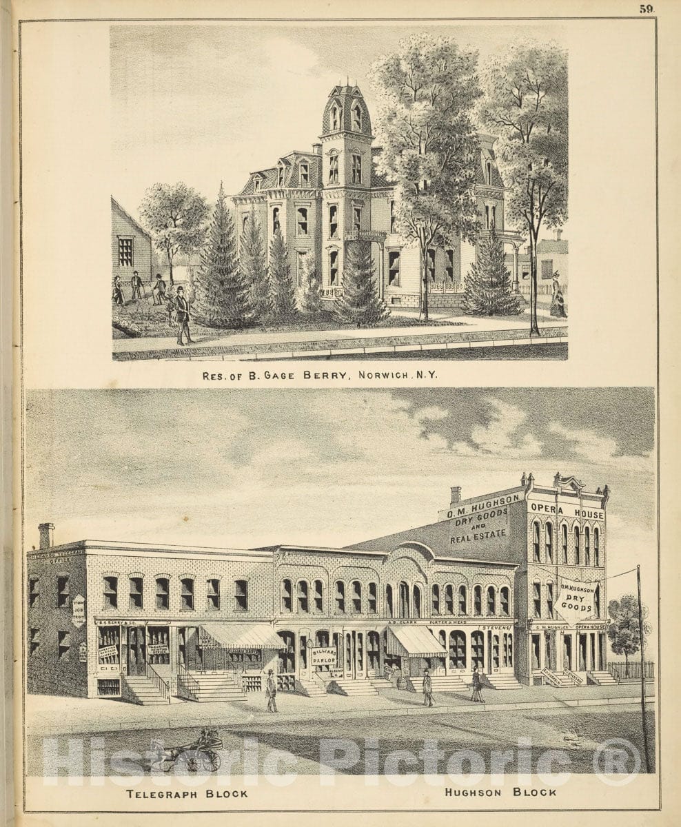 Art Print : 1875, Res. of B. Gage Berry, Norwich, N.Y; Telegraph Block; Hughson Block - Vintage Wall Art